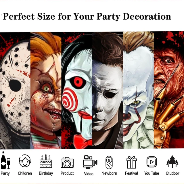 Alt view image 5 of 7 - Halloween Horror Party Decorations, Horror Classic Movie Character Photo Backdrop 5.9x3.6Ft Horror Birthday Banner Background Supplies for Kids Adults Decorations Photo Booth Props Wall Hanging Decor