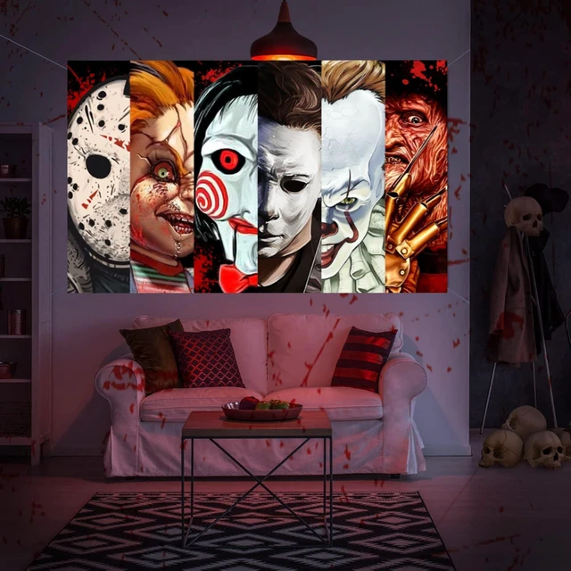 Alt view image 7 of 7 - Halloween Horror Party Decorations, Horror Classic Movie Character Photo Backdrop 5.9x3.6Ft Horror Birthday Banner Background Supplies for Kids Adults Decorations Photo Booth Props Wall Hanging Decor
