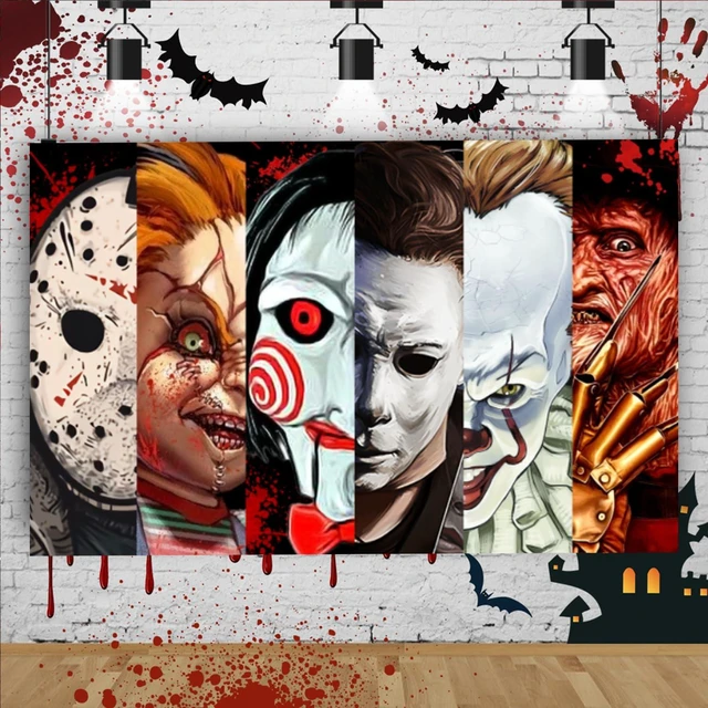 Alt view image 6 of 7 - Halloween Horror Party Decorations, Horror Classic Movie Character Photo Backdrop 5.9x3.6Ft Horror Birthday Banner Background Supplies for Kids Adults Decorations Photo Booth Props Wall Hanging Decor