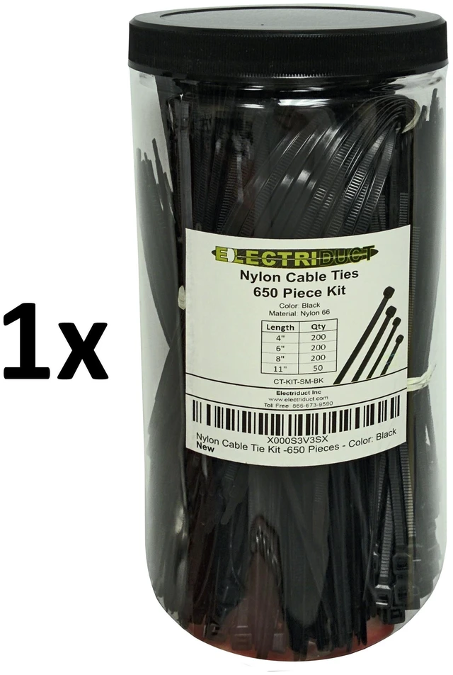 Alt view image 2 of 3 - Nylon Cable Tie Kit - 650 Zip Ties - Assorted Lengths 4", 6", 8", 11" - Black