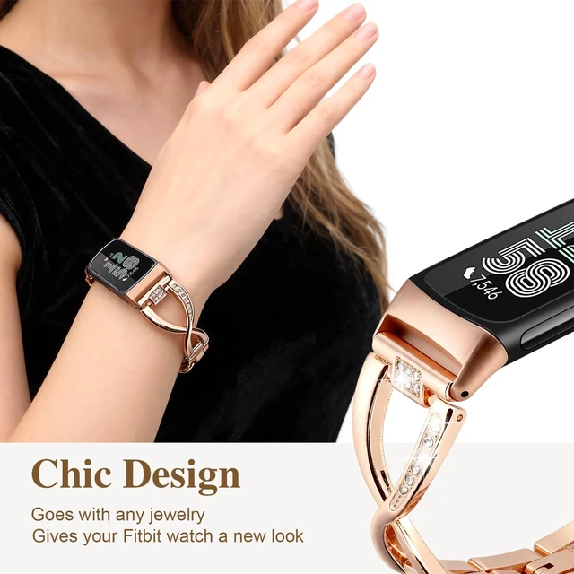 Alt view image 6 of 7 - Dressy Bling Bands Compatible with Fitbit Charge 6/5 Women Stainless Steel Replacement Wristbands