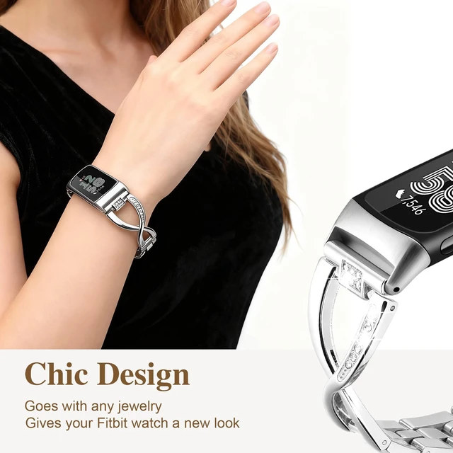 Alt view image 6 of 7 - Dressy Bling Bands Compatible with Fitbit Charge 6/5 Women Stainless Steel Replacement Wristbands