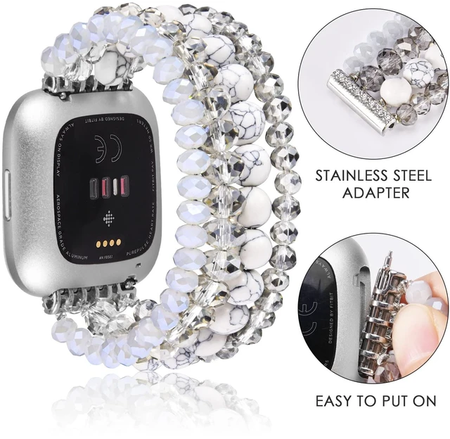 Alt view image 3 of 6 - Bracelet Compatible with Fitbit Versa 2 Bands/1/Lite/Special Edition for Women, Handmade Beaded Elastic Replacement Wristband for Fitbit Versa 2/1/Lite/Special Edition Smartwatch