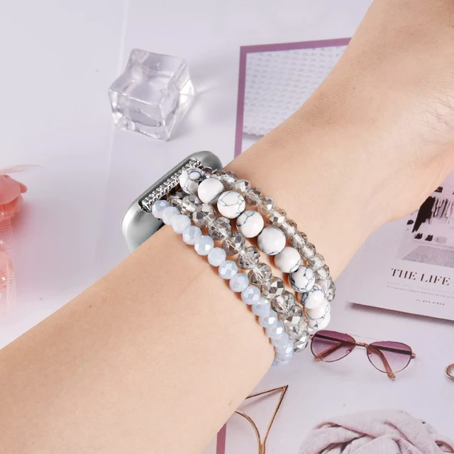 Alt view image 5 of 6 - Bracelet Compatible with Fitbit Versa 2 Bands/1/Lite/Special Edition for Women, Handmade Beaded Elastic Replacement Wristband for Fitbit Versa 2/1/Lite/Special Edition Smartwatch