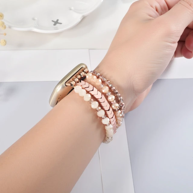 Alt view image 3 of 7 - Bracelet Compatible with Fitbit Versa 4 Bands/3/Sense/Sense 2 for Women, Handmade Beaded Elastic Replacement Wristband for Fitbit Versa 4/3/Sense/Sense 2 Smartwatch