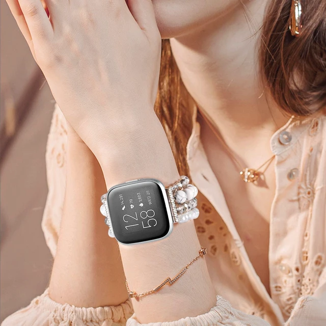 Alt view image 6 of 6 - Bracelet Compatible with Fitbit Versa 2 Bands/1/Lite/Special Edition for Women, Handmade Beaded Elastic Replacement Wristband for Fitbit Versa 2/1/Lite/Special Edition Smartwatch