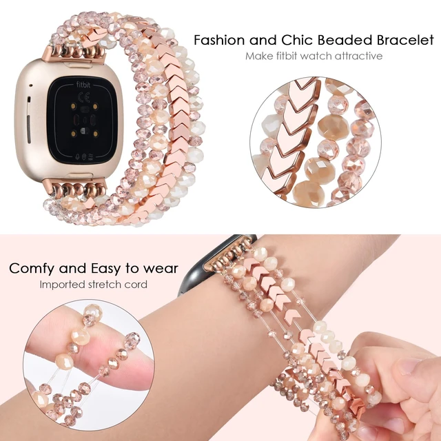 Alt view image 4 of 7 - Bracelet Compatible with Fitbit Versa 4 Bands/3/Sense/Sense 2 for Women, Handmade Beaded Elastic Replacement Wristband for Fitbit Versa 4/3/Sense/Sense 2 Smartwatch