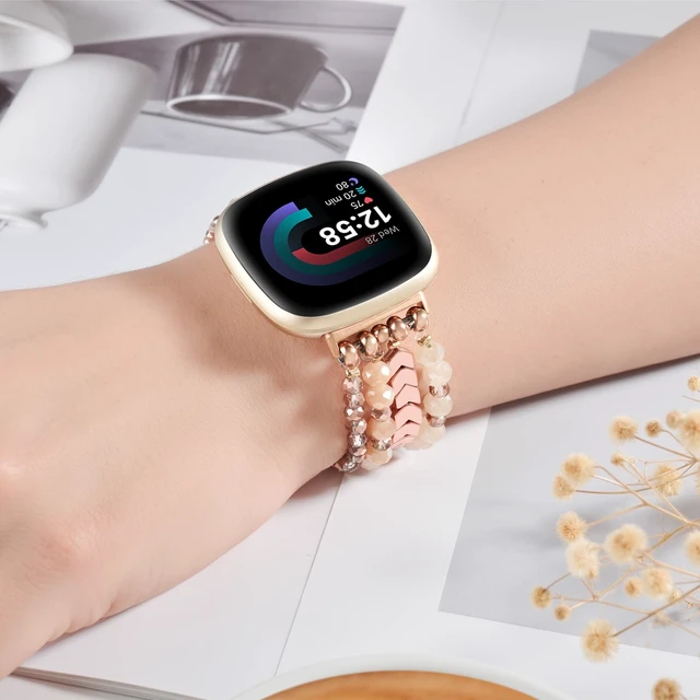 Alt view image 5 of 7 - Bracelet Compatible with Fitbit Versa 4 Bands/3/Sense/Sense 2 for Women, Handmade Beaded Elastic Replacement Wristband for Fitbit Versa 4/3/Sense/Sense 2 Smartwatch