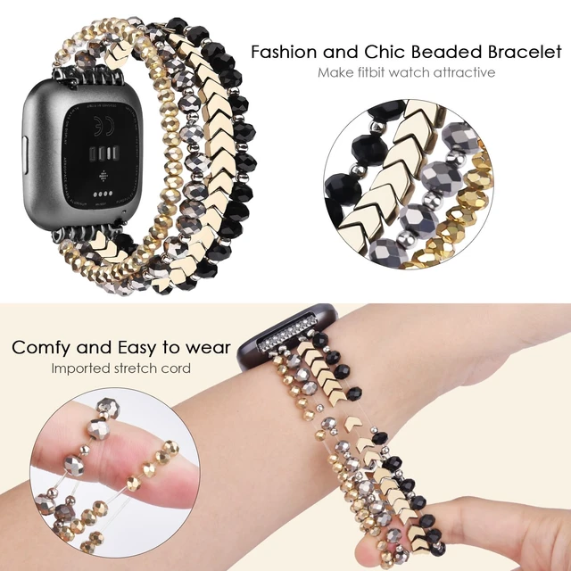Alt view image 3 of 7 - Bracelet Compatible with Fitbit Versa 2 Bands/1/Lite/Special Edition for Women, Handmade Beaded Elastic Replacement Wristband for Fitbit Versa 2/1/Lite/Special Edition Smartwatch