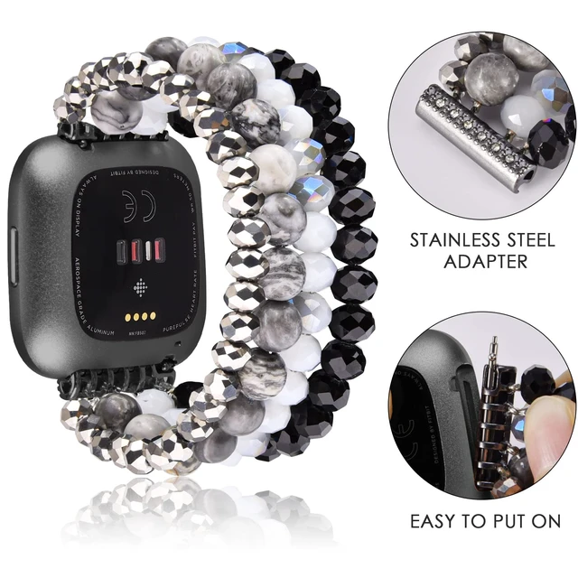 Alt view image 3 of 7 - Bracelet Compatible with Fitbit Versa 2 Bands/1/Lite/Special Edition for Women, Handmade Beaded Elastic Replacement Wristband for Fitbit Versa 2/1/Lite/Special Edition Smartwatch