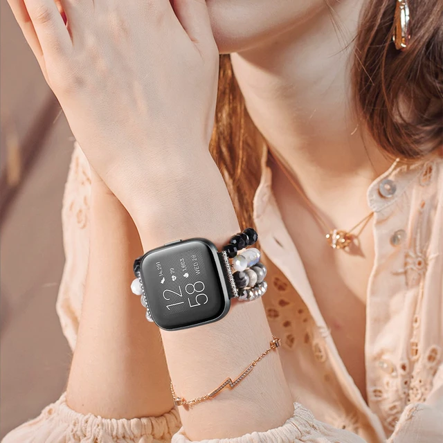 Alt view image 6 of 7 - Bracelet Compatible with Fitbit Versa 2 Bands/1/Lite/Special Edition for Women, Handmade Beaded Elastic Replacement Wristband for Fitbit Versa 2/1/Lite/Special Edition Smartwatch
