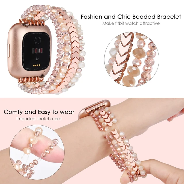 Alt view image 3 of 7 - Bracelet Compatible with Fitbit Versa 2 Bands/1/Lite/Special Edition for Women, Handmade Beaded Elastic Replacement Wristband for Fitbit Versa 2/1/Lite/Special Edition Smartwatch