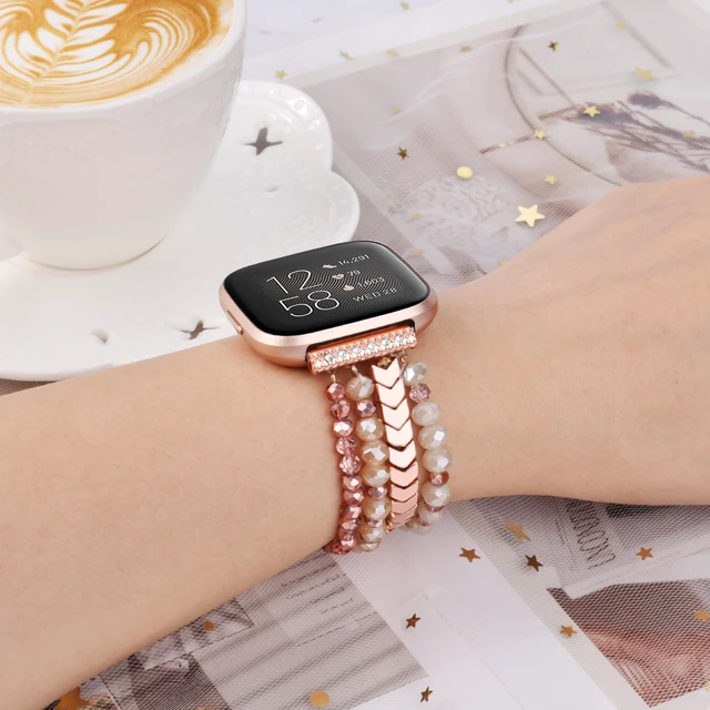Alt view image 7 of 7 - Bracelet Compatible with Fitbit Versa 2 Bands/1/Lite/Special Edition for Women, Handmade Beaded Elastic Replacement Wristband for Fitbit Versa 2/1/Lite/Special Edition Smartwatch