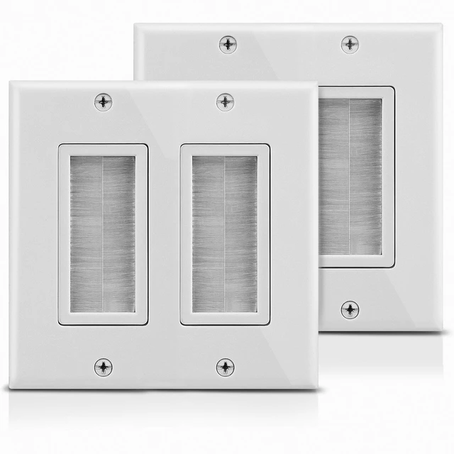 Main image of 2-Gang Wall Plate, Brush Style Opening Passthrough Low Voltage Cable Plate In-Wall Installation for Speaker Wires, Coaxial, HDMI, or Network/Phone Cables - 2 PACK