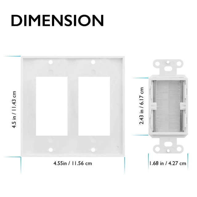 Alt view image 5 of 7 - 2-Gang Wall Plate, Brush Style Opening Passthrough Low Voltage Cable Plate In-Wall Installation for Speaker Wires, Coaxial, HDMI, or Network/Phone Cables - 2 PACK