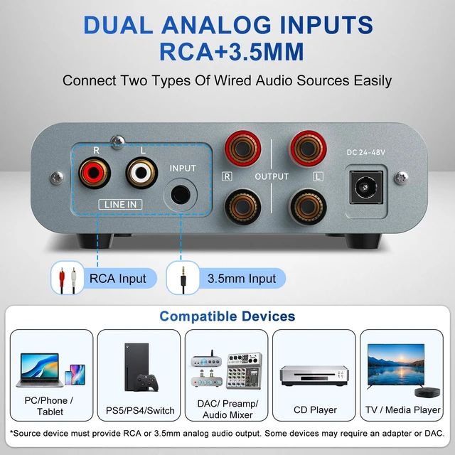 Alt view image 2 of 7 - TPA3255 Stereo Amplifier, 2 Channel Class D Amp for Passive Speakers 32V 5A Adapter Included, RCA & 3.5mm Inputs, Low-Noise HiFi Sound for 2-8 Passive Bookshelf/Tower Speakers, Desktop Audio