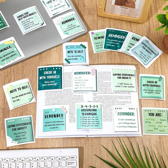 Alt view image 3 of 6 - 300 Pcs Motivational Mental Health Affirmation Stickers, Green Series Mental Health Awareness Items, Positive Laptop Bottle Decor, Feelings Sticker, Mindfulness Training Gift for Adults Employees
