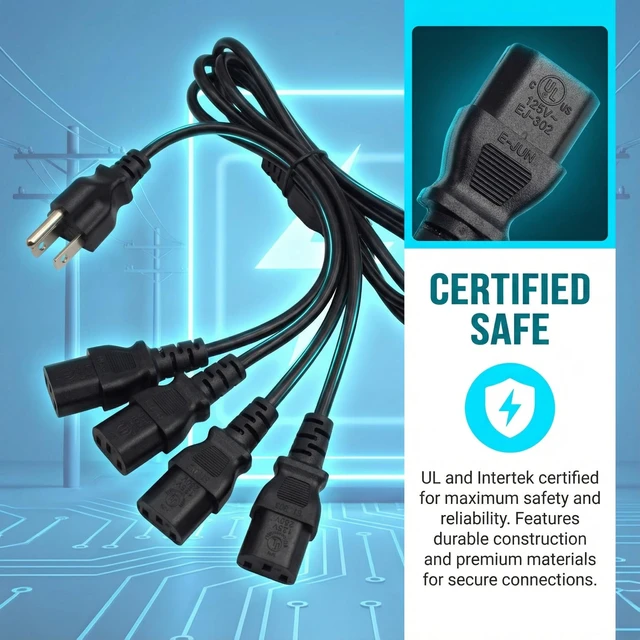 Alt view image 7 of 7 - 6.5FT/2M Computer Power Splitter Cord NEMA 5-15P to IEC320 4X C13 Monitor Power Cord, Y-Power Cable, C13 Splitter,16AWG/18AWG,10A 125V,Power Supply for 4 Devices at a Time, UL Listed