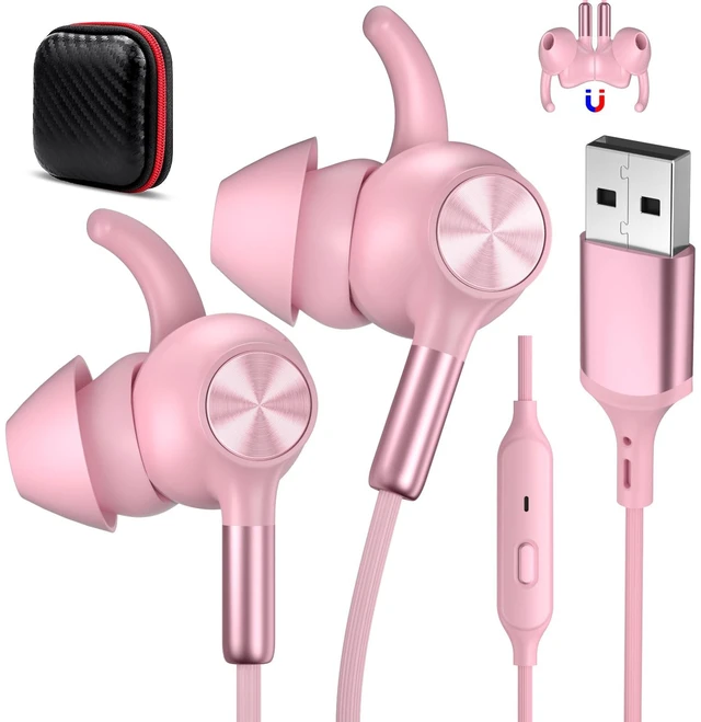 Main image of USB Earbuds with Microphone for PC Laptop,USB A Headphones,Pink Wired with Mic& Earfins Hook for Computer Office Work,7.5ft,Noise Canceling Stereo Headset for Dell/HP/Chromebook Game School