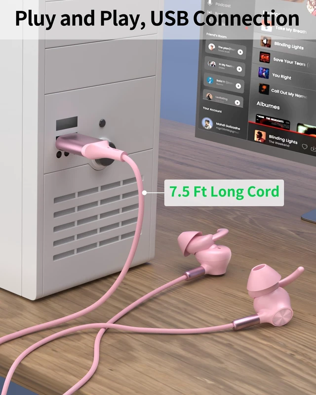 Alt view image 3 of 7 - USB Earbuds with Microphone for PC Laptop,USB A Headphones,Pink Wired with Mic& Earfins Hook for Computer Office Work,7.5ft,Noise Canceling Stereo Headset for Dell/HP/Chromebook Game School