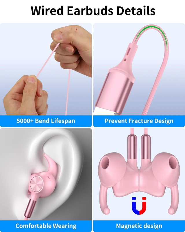 Alt view image 7 of 7 - USB Earbuds with Microphone for PC Laptop,USB A Headphones,Pink Wired with Mic& Earfins Hook for Computer Office Work,7.5ft,Noise Canceling Stereo Headset for Dell/HP/Chromebook Game School