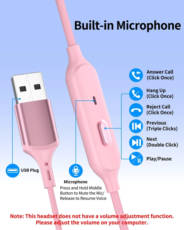 Alt view image 6 of 7 - USB Earbuds with Microphone for PC Laptop,USB A Headphones,Pink Wired with Mic& Earfins Hook for Computer Office Work,7.5ft,Noise Canceling Stereo Headset for Dell/HP/Chromebook Game School