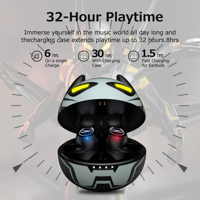 Alt view image 3 of 7 - Wireless Earbuds for Small Ears, Touch Control Headset Stereo Sound in-Ear Wireless Headphones, Bluetooth 5.0 Noise Reduction Earphones with Cartoon Blinking Eyes Iron People Charging Case