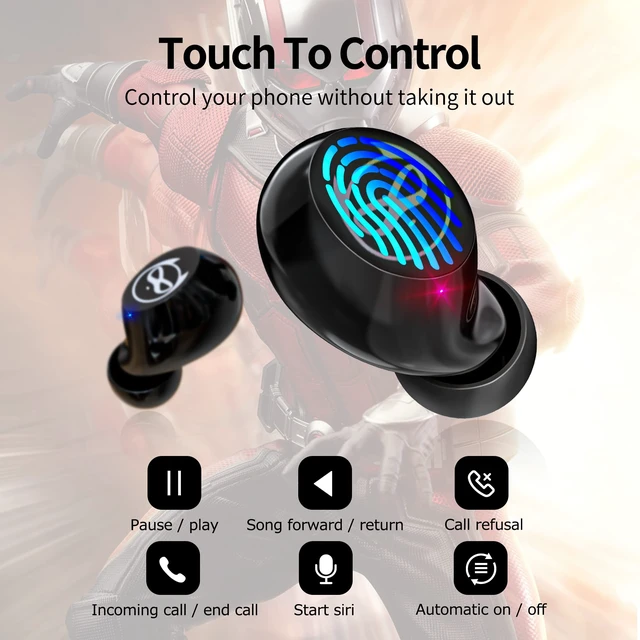 Alt view image 5 of 7 - Wireless Earbuds for Small Ears, Touch Control Headset Stereo Sound in-Ear Wireless Headphones, Bluetooth 5.0 Noise Reduction Earphones with Cartoon Blinking Eyes Iron People Charging Case