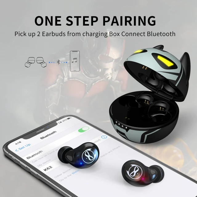 Alt view image 2 of 7 - Wireless Earbuds for Small Ears, Touch Control Headset Stereo Sound in-Ear Wireless Headphones, Bluetooth 5.0 Noise Reduction Earphones with Cartoon Blinking Eyes Iron People Charging Case