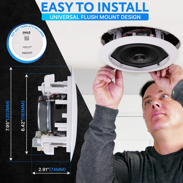 Alt view image 3 of 7 - Ceiling Mount Speaker - 5.25 2-Way 70V Transformer Great For: Commercial or Restaurant Audio Surround Sound Flush Design In-Wall Installation 1pc (White) - PDIC53T