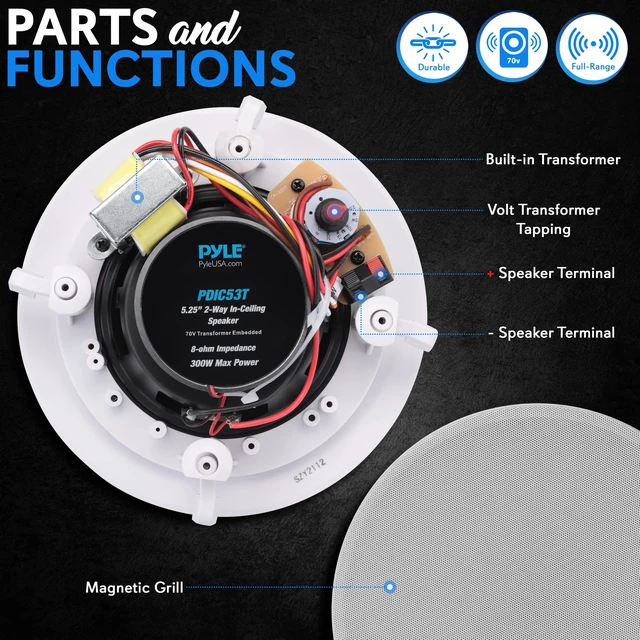 Alt view image 6 of 7 - Ceiling Mount Speaker - 5.25 2-Way 70V Transformer Great For: Commercial or Restaurant Audio Surround Sound Flush Design In-Wall Installation 1pc (White) - PDIC53T