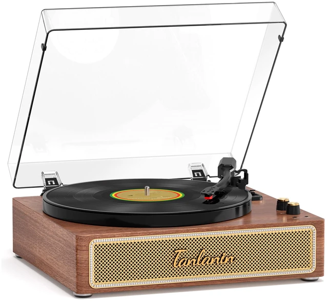 Main image of Full-Size Vintage 3-Speeds Record Player with Built-in Speakers Bluetooth in, RCA out, Headphone jack, Adjustable counterweight, Walnut grain, Home decor gift, Removable dust cover