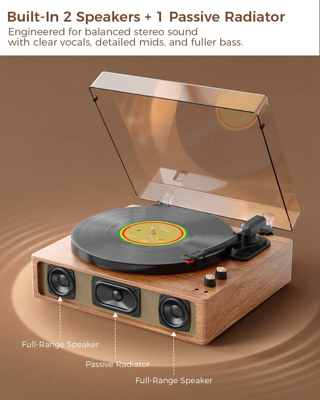 Alt view image 2 of 7 - Full-Size Vintage 3-Speeds Record Player with Built-in Speakers Bluetooth in, RCA out, Headphone jack, Adjustable counterweight, Walnut grain, Home decor gift, Removable dust cover