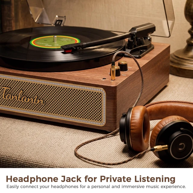 Alt view image 4 of 7 - Full-Size Vintage 3-Speeds Record Player with Built-in Speakers Bluetooth in, RCA out, Headphone jack, Adjustable counterweight, Walnut grain, Home decor gift, Removable dust cover