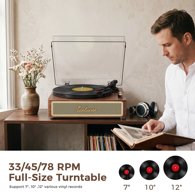 Alt view image 3 of 7 - Full-Size Vintage 3-Speeds Record Player with Built-in Speakers Bluetooth in, RCA out, Headphone jack, Adjustable counterweight, Walnut grain, Home decor gift, Removable dust cover