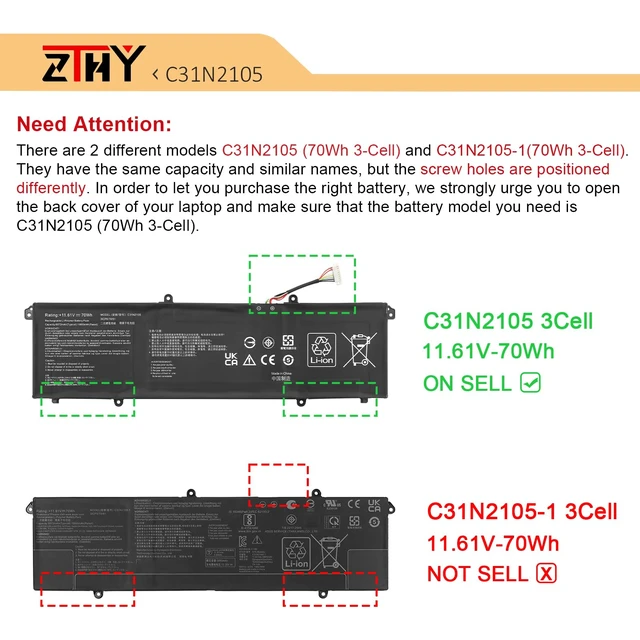 Alt view image 5 of 7 - C31N2105 Laptop Battery Replacement for Asus VivoBook S 14 OLED K3402ZA M3402QA TN3402QA S 15 K3502ZA M3502QA 14X X1403ZA M1403QA UX3404VA 15X M1503IA M1603QA S 16X M5602QA K6602HE M6500QF S5602ZA