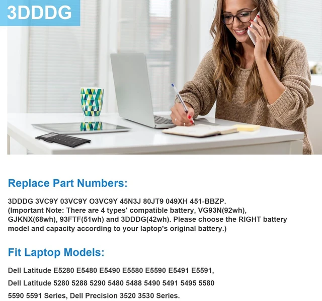 Alt view image 2 of 7 - 3DDDG (42Wh) Battery Compatible with Dell Latitude 5280 E5280 5290 5480 E5480 5490 5580 5590 03VC9Y 45N3J