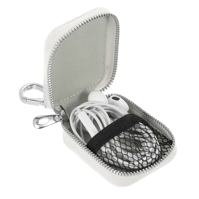 Alt view image 3 of 6 - Earbuds Cases, Earphone Case Holder, PU Leather Ear Buds Case Zipper Organizer Small with Mesh Pocket for USB Cable, Wireless Wired Earphones, White