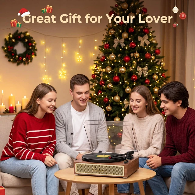 Alt view image 6 of 7 - Full-Size Vintage 3-Speeds Record Player with Built-in Speakers Bluetooth in, RCA out, Headphone jack, Adjustable counterweight, Walnut grain, Home decor gift, Removable dust cover