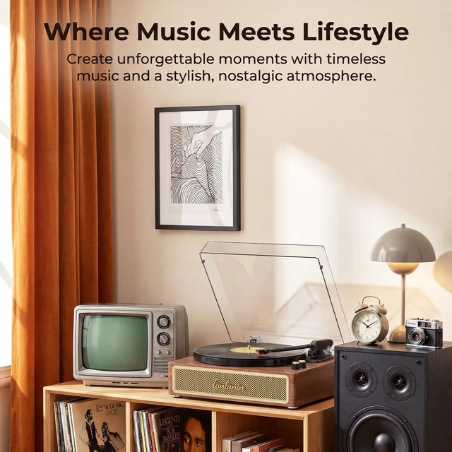 Alt view image 7 of 7 - Full-Size Vintage 3-Speeds Record Player with Built-in Speakers Bluetooth in, RCA out, Headphone jack, Adjustable counterweight, Walnut grain, Home decor gift, Removable dust cover