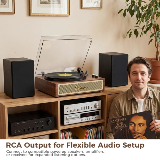 Alt view image 5 of 7 - Full-Size Vintage 3-Speeds Record Player with Built-in Speakers Bluetooth in, RCA out, Headphone jack, Adjustable counterweight, Walnut grain, Home decor gift, Removable dust cover