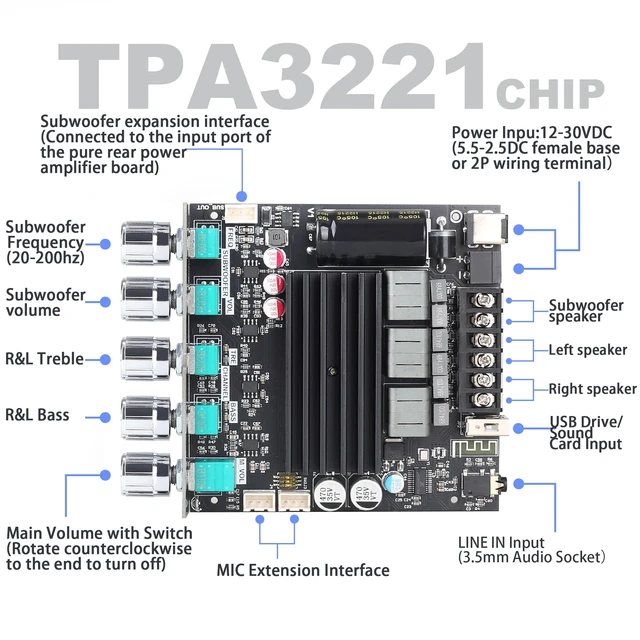 Alt view image 2 of 6 - ZK-ST21 TPA3221 Bluetooth Power Amplifier Board with Subwoofer 2.1 Channel 100W×2+200W, 12V-30V Audio Power Amplifier Module with Treble and Bass Control