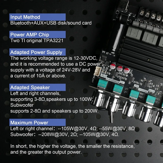 Alt view image 3 of 6 - ZK-ST21 TPA3221 Bluetooth Power Amplifier Board with Subwoofer 2.1 Channel 100W×2+200W, 12V-30V Audio Power Amplifier Module with Treble and Bass Control
