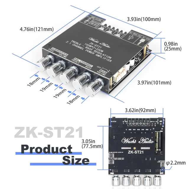 Alt view image 6 of 6 - ZK-ST21 TPA3221 Bluetooth Power Amplifier Board with Subwoofer 2.1 Channel 100W×2+200W, 12V-30V Audio Power Amplifier Module with Treble and Bass Control