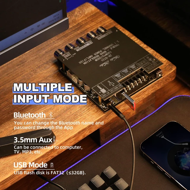 Alt view image 4 of 6 - ZK-ST21 TPA3221 Bluetooth Power Amplifier Board with Subwoofer 2.1 Channel 100W×2+200W, 12V-30V Audio Power Amplifier Module with Treble and Bass Control