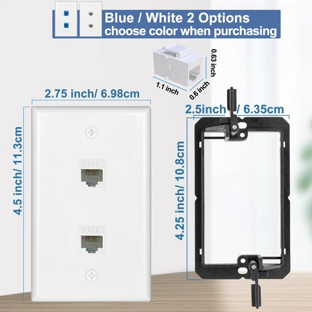Alt view image 2 of 7 - 5 Pack Ethernet Wall Outlet 2 Port Cat6 Wall Plate RJ45 Coupler Keystone Jack with Low Voltage Mounting Bracket Network Cables Inline Wires Connector Female to Female Double White 2Port
