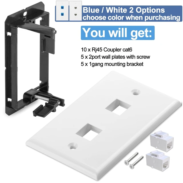 Alt view image 6 of 7 - 5 Pack Ethernet Wall Outlet 2 Port Cat6 Wall Plate RJ45 Coupler Keystone Jack with Low Voltage Mounting Bracket Network Cables Inline Wires Connector Female to Female Double White 2Port