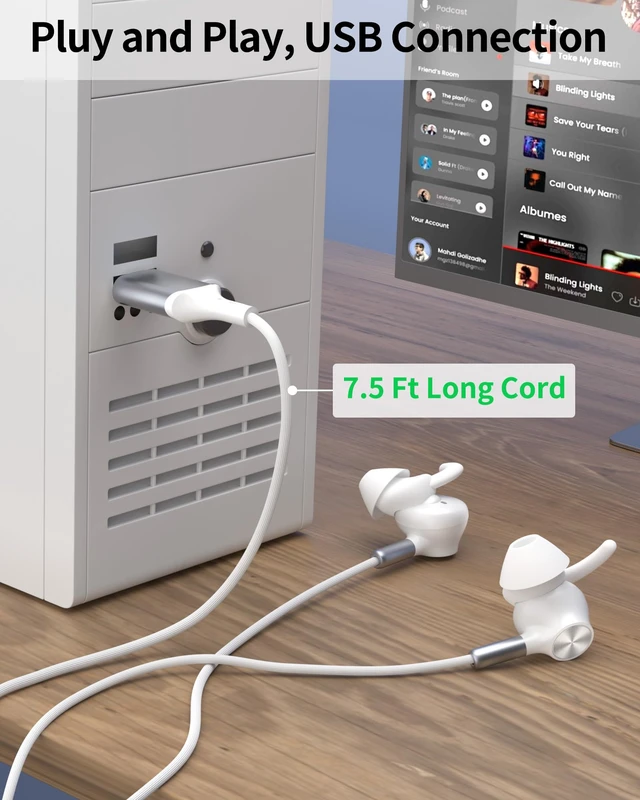 Alt view image 4 of 7 - USB Earbuds with Microphone for PC Laptop,USB A Headphones,White Wired with Mic& Earfins Hook for Computer Office Work,7.5ft,Noise Canceling Stereo Headset for Dell/HP/Chromebook Game School