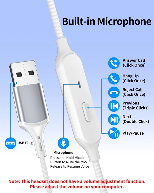 Alt view image 6 of 7 - USB Earbuds with Microphone for PC Laptop,USB A Headphones,White Wired with Mic& Earfins Hook for Computer Office Work,7.5ft,Noise Canceling Stereo Headset for Dell/HP/Chromebook Game School