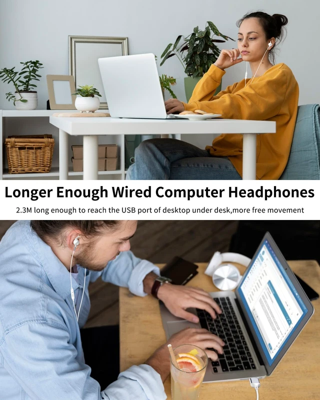 Alt view image 5 of 7 - USB Earbuds with Microphone for PC Laptop,USB A Headphones,White Wired with Mic& Earfins Hook for Computer Office Work,7.5ft,Noise Canceling Stereo Headset for Dell/HP/Chromebook Game School